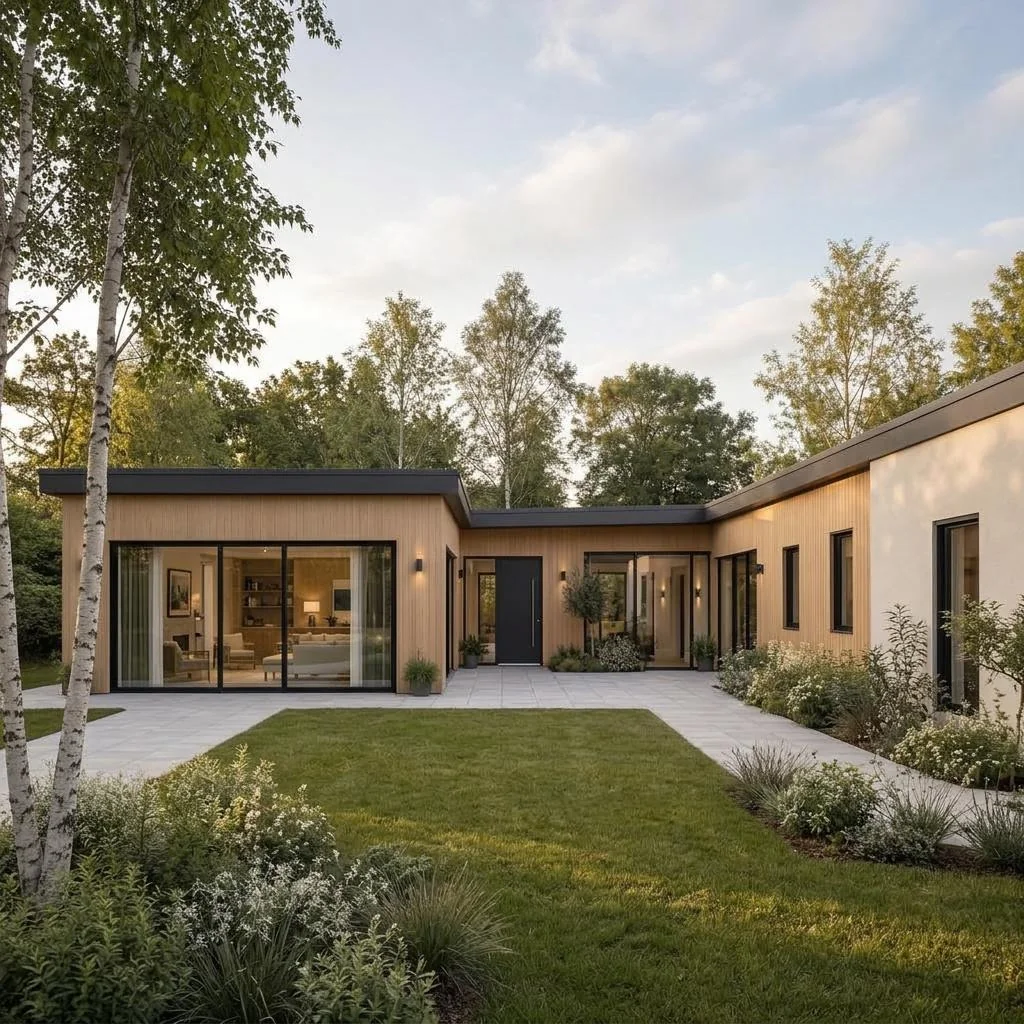 Aspen Life as a single-storey L-shaped bungalow with a sheltered garden terrace – front view