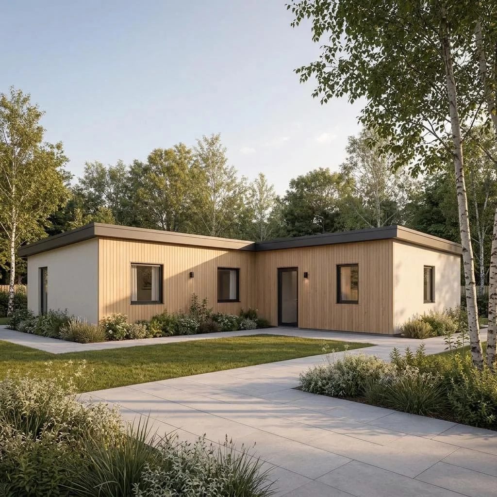Aspen Life as a single-storey L-shaped bungalow with a sheltered garden terrace – rear view