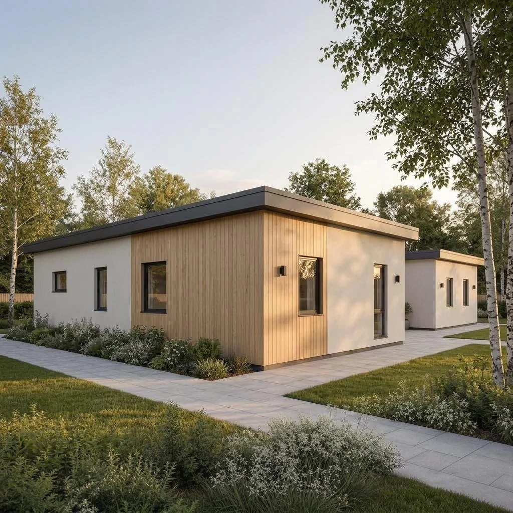Aspen Life as a single-storey L-shaped bungalow with a sheltered garden terrace – side view