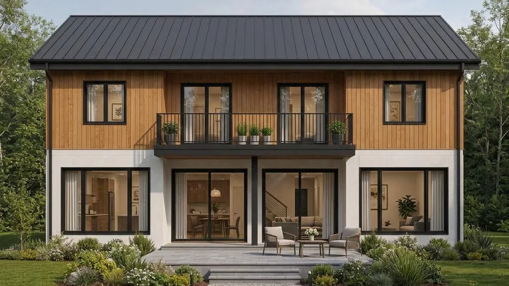 Evergreen Living sur deux niveaux avec balcon en retrait – vue arrière