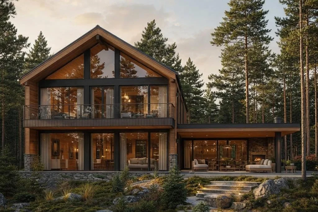 Green Forest mit zweigeschossigem Satteldachbau und flachem Seitenflügel – frontansicht