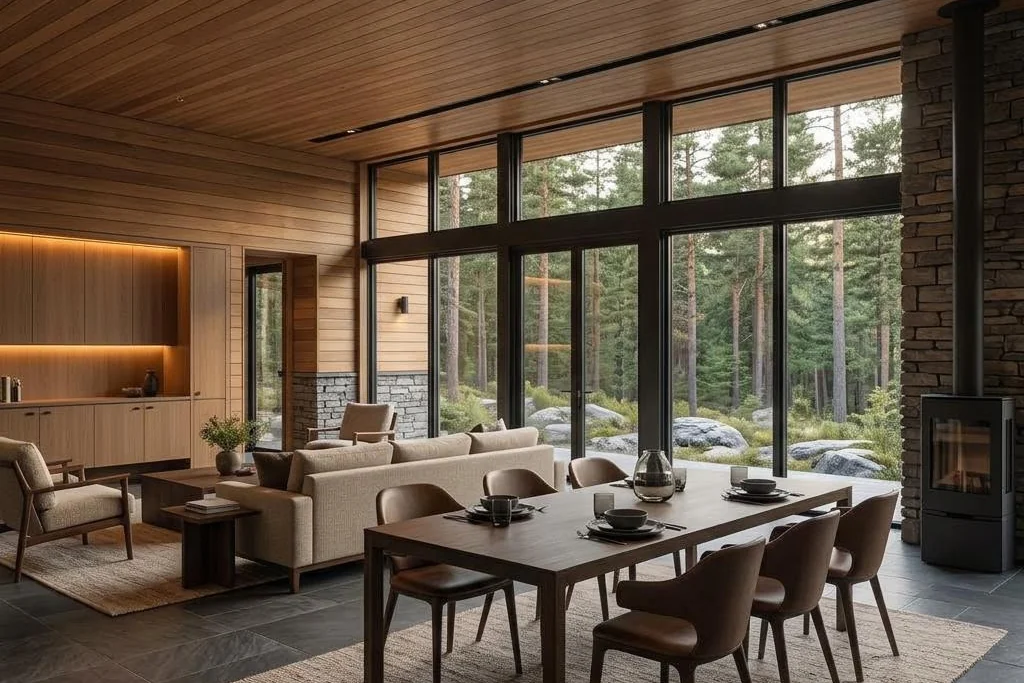 Green Forest mit zweigeschossigem Satteldachbau und flachem Seitenflügel – innenansicht · wohnen