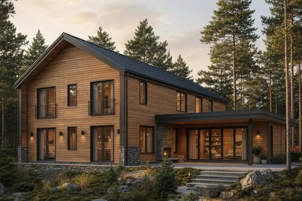 Green Forest mit zweigeschossigem Satteldachbau und flachem Seitenflügel – rückansicht