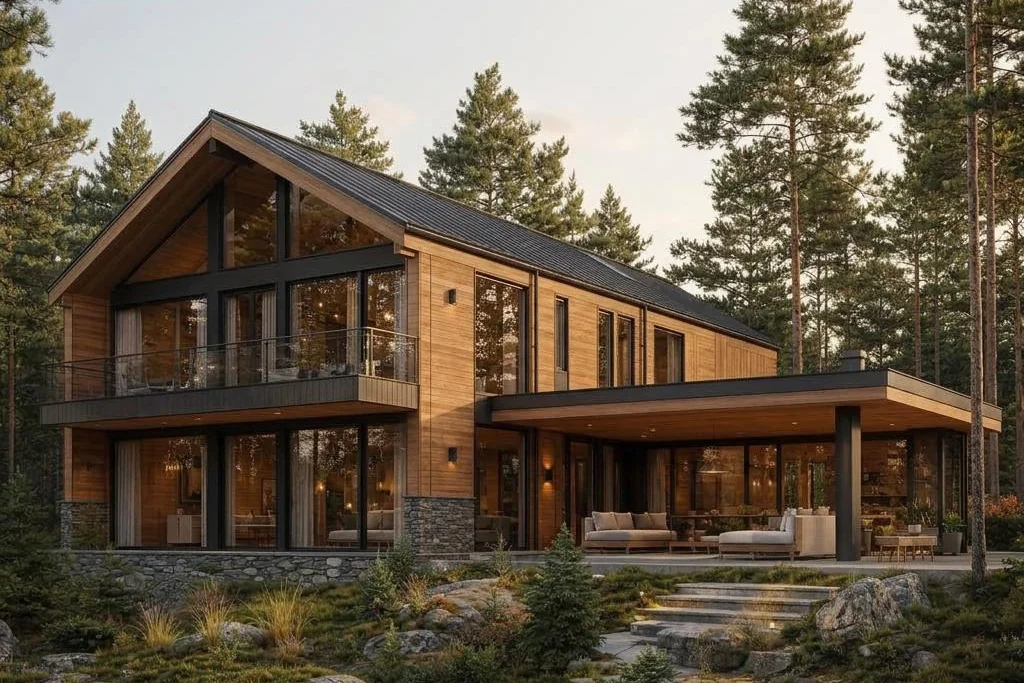 Green Forest mit zweigeschossigem Satteldachbau und flachem Seitenflügel – seitenansicht