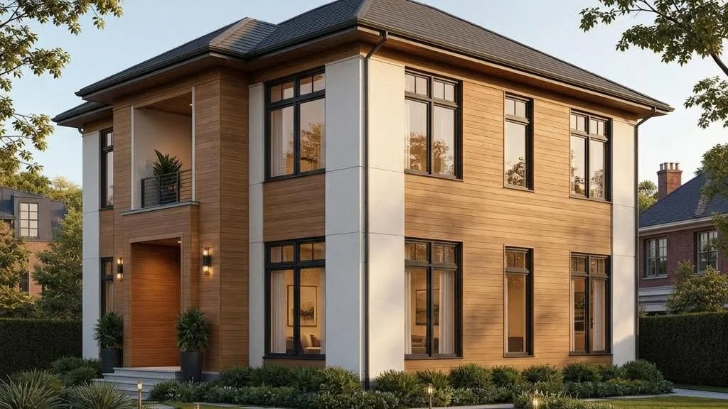 Kanada Stadtvilla mit kompakter Fassade, zentralem Eingang und Walmdach – seitenansicht