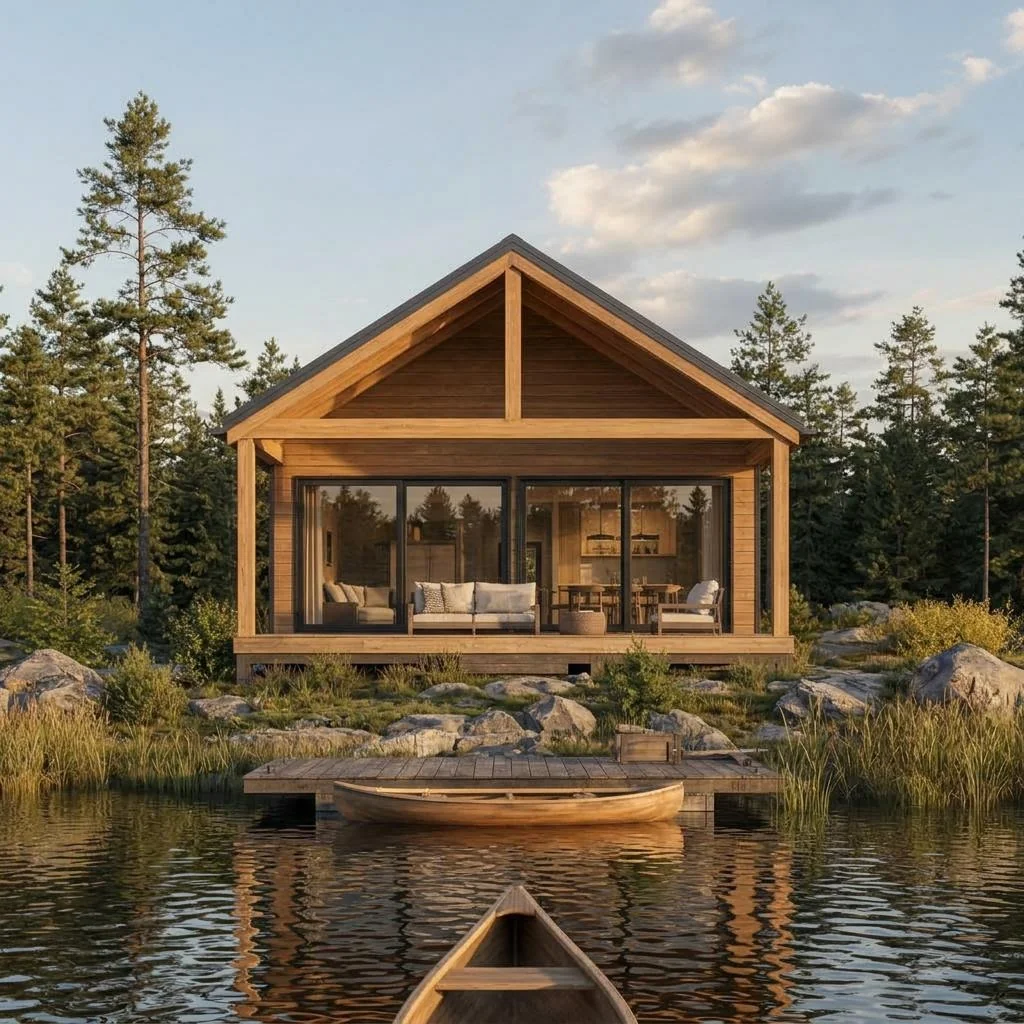 Lake Retreat avec toit à pignon, terrasse et vitrage tourné vers le paysage – vue de face