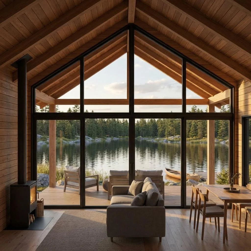 Lake Retreat avec toit à pignon, terrasse et vitrage tourné vers le paysage – intérieur · séjour