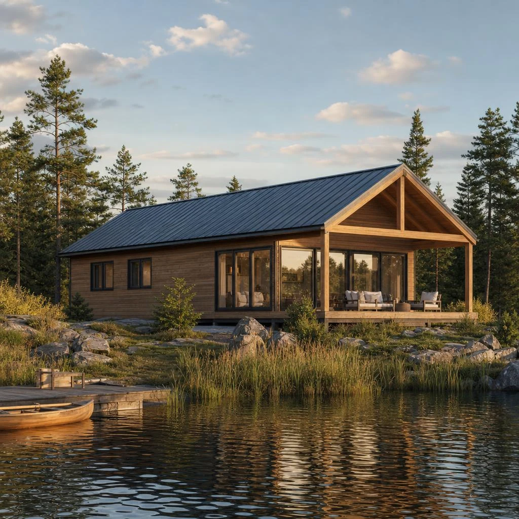 Lake Retreat mit Satteldach, Terrasse und zur Landschaft gerichteter Verglasung