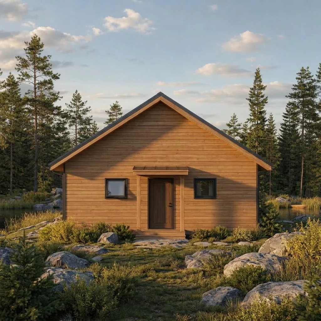 Lake Retreat avec toit à pignon, terrasse et vitrage tourné vers le paysage – vue arrière