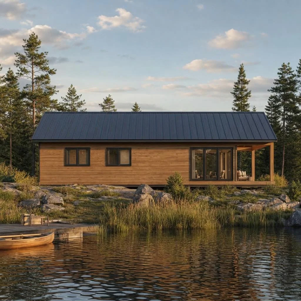Lake Retreat avec toit à pignon, terrasse et vitrage tourné vers le paysage – vue latérale