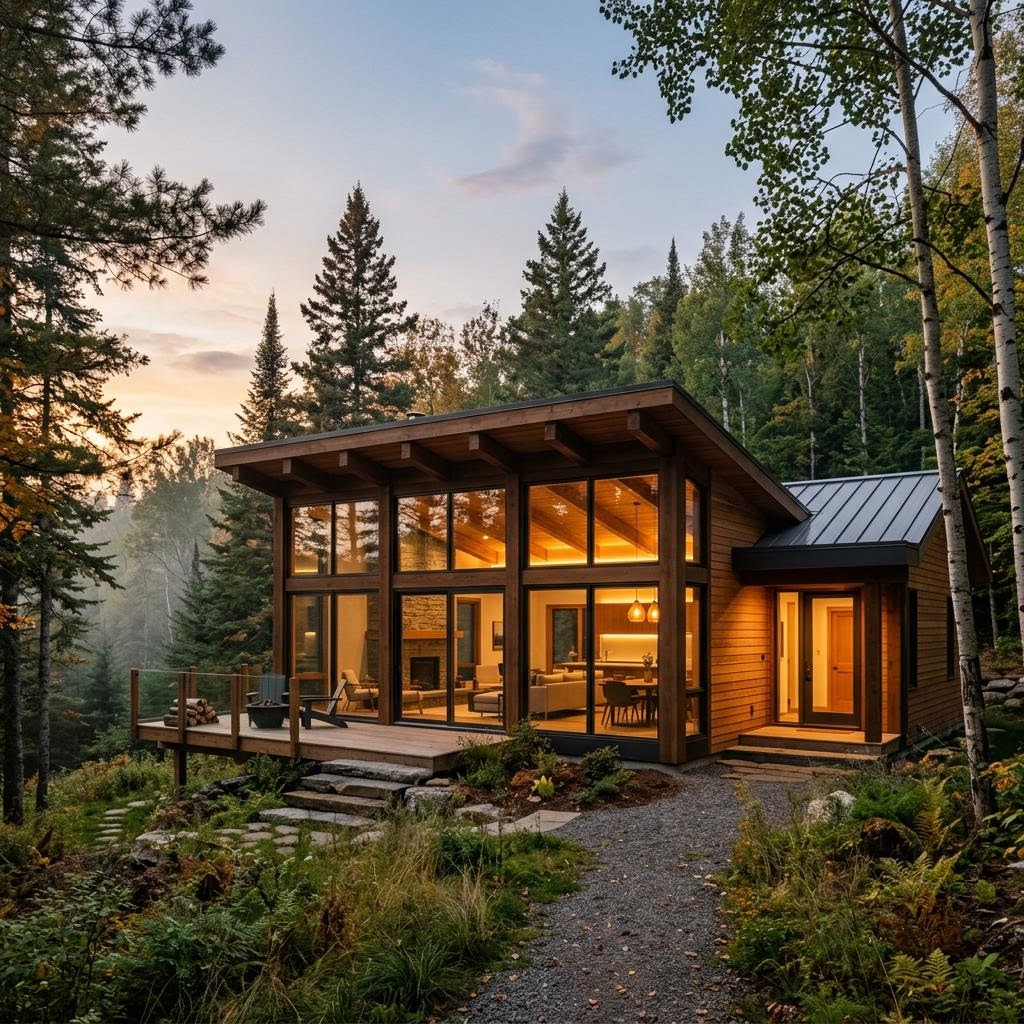 Québec Bungalow mit niedriger Silhouette und integriertem Außenbereich