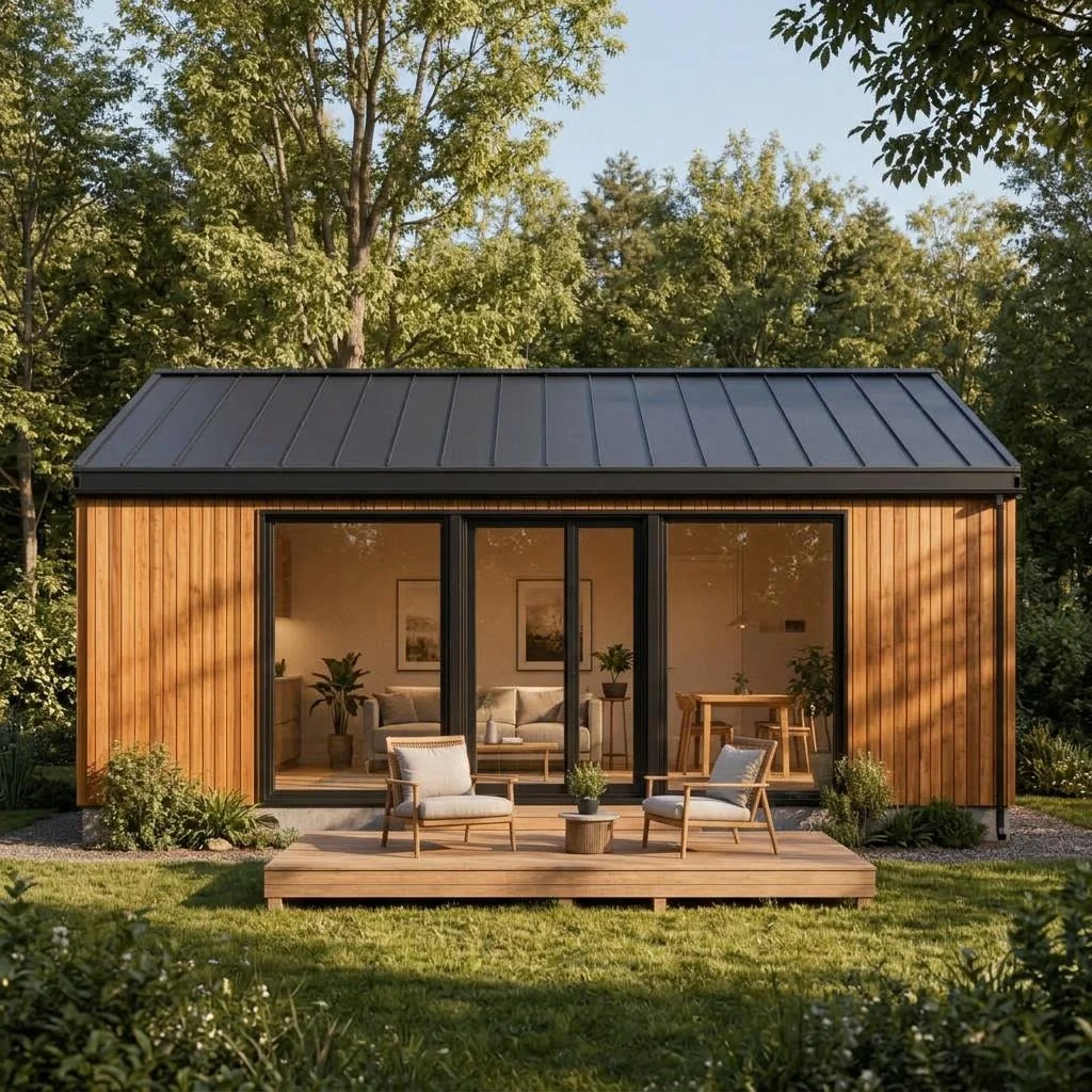Maple Tiny als rechteckiges, ebenerdiges Haus mit flachem Pultdach – frontansicht