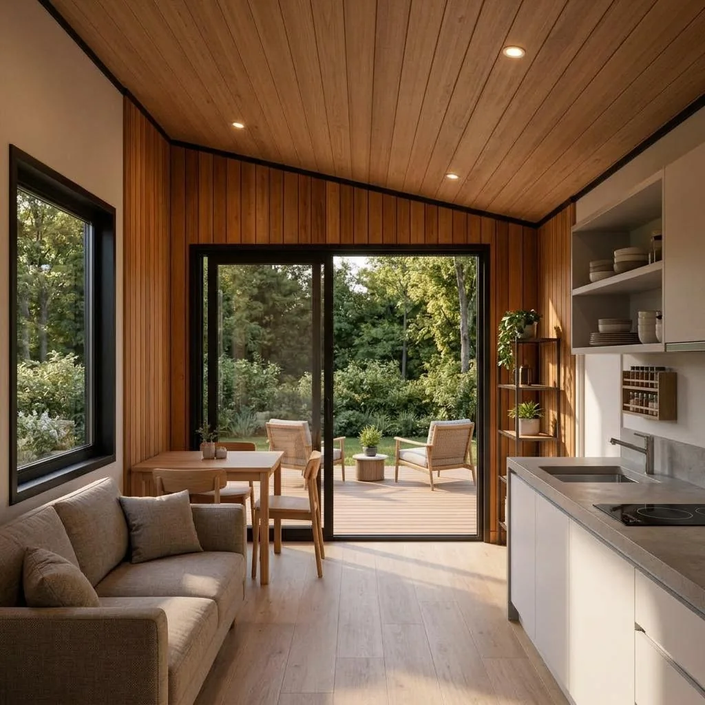Maple Tiny als rechteckiges, ebenerdiges Haus mit flachem Pultdach – innenansicht · wohnen