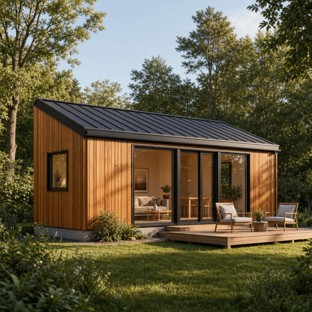Maple Tiny als rechteckiges, ebenerdiges Haus mit flachem Pultdach