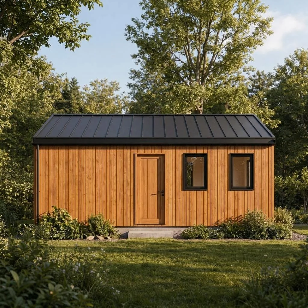 Maple Tiny als rechteckiges, ebenerdiges Haus mit flachem Pultdach – rückansicht