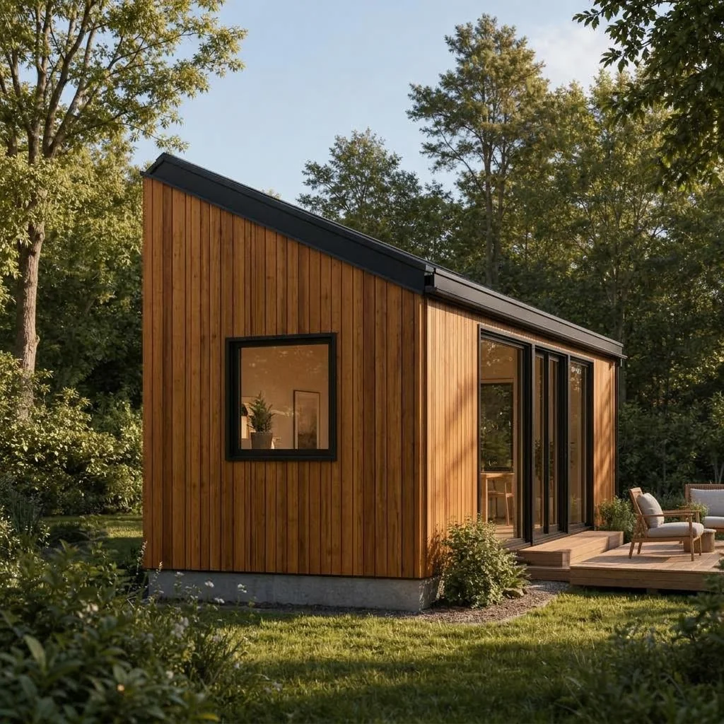 Maple Tiny als rechteckiges, ebenerdiges Haus mit flachem Pultdach – seitenansicht