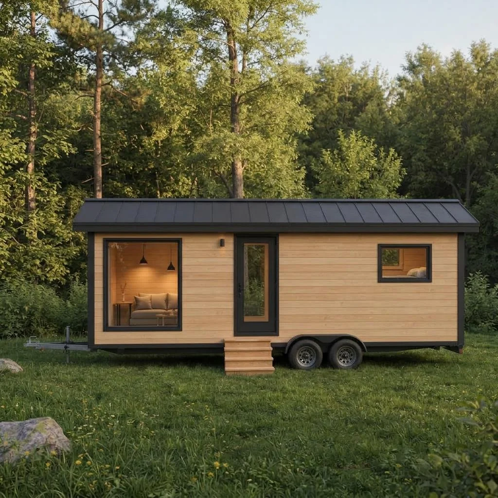Nomad Mobile als langes Tiny House auf Tandemachs-Anhänger – frontansicht