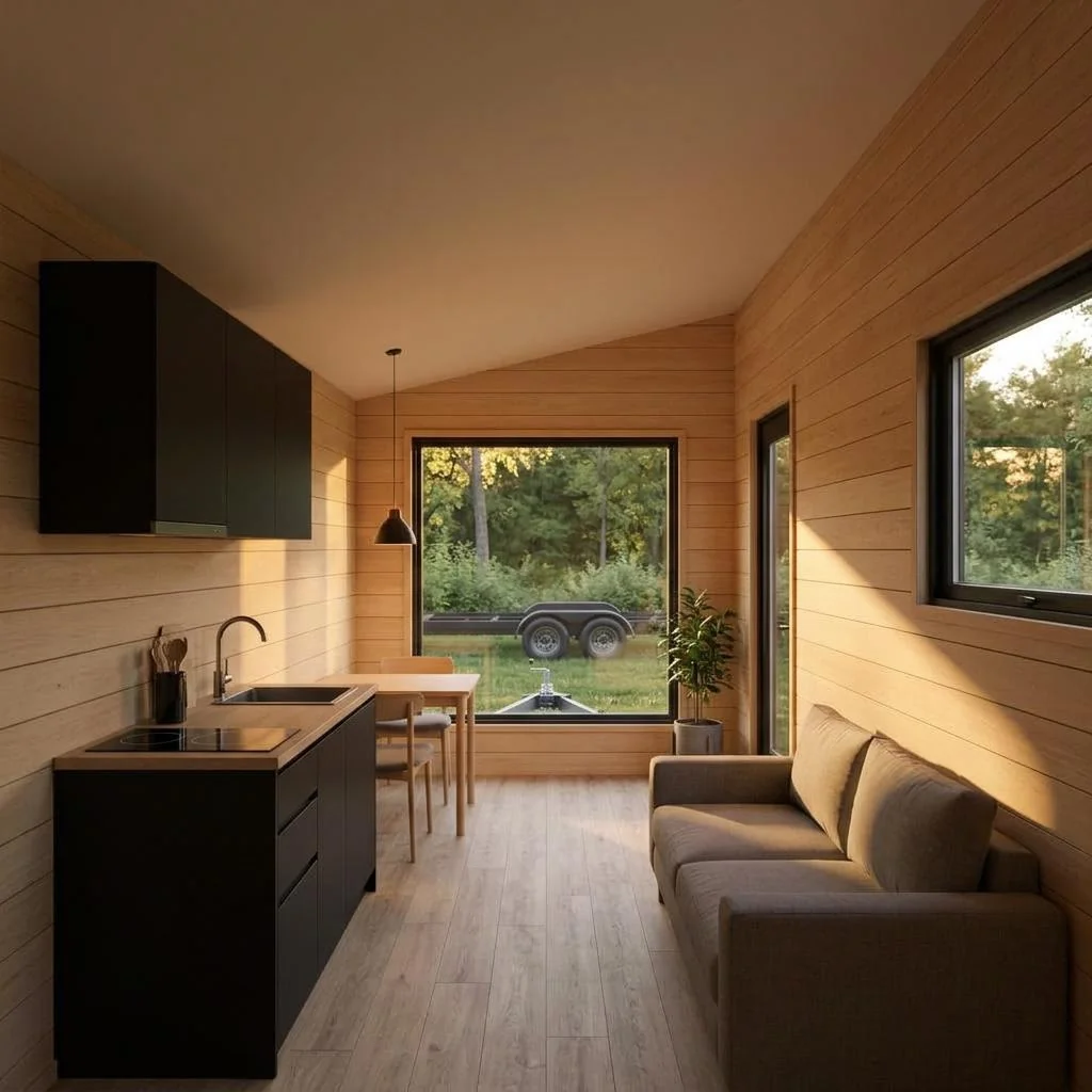 Nomad Mobile als langes Tiny House auf Tandemachs-Anhänger – innenansicht · wohnen