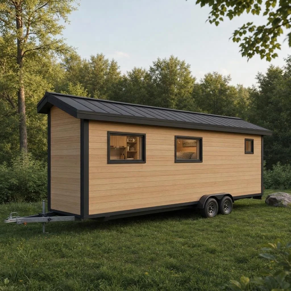 Nomad Mobile als langes Tiny House auf Tandemachs-Anhänger – rückansicht