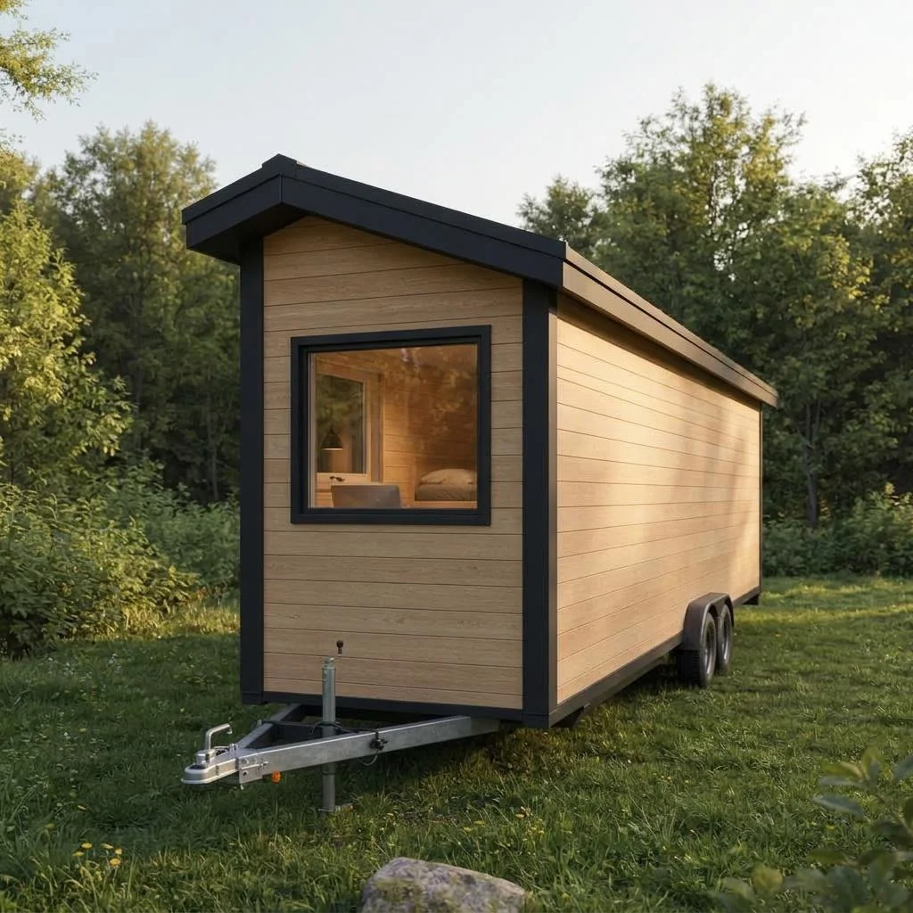 Nomad Mobile als langes Tiny House auf Tandemachs-Anhänger – seitenansicht