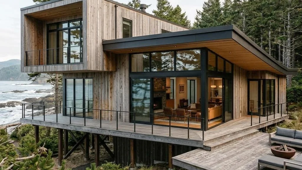Pacific Glass mit weitläufiger Verglasung und geradliniger Holzstruktur – frontansicht