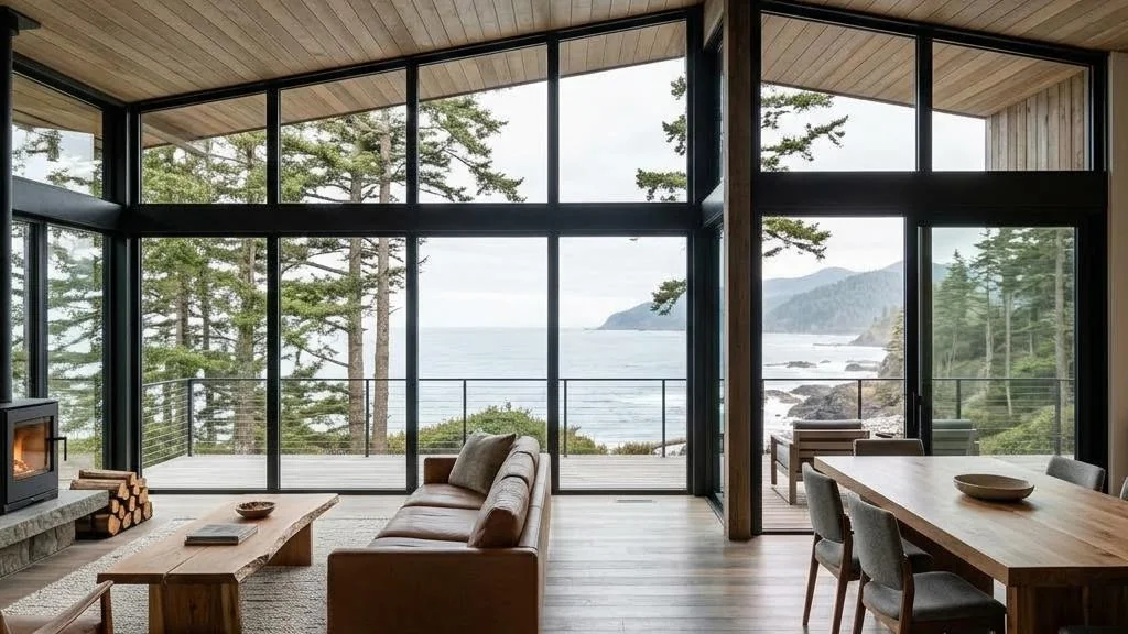 Pacific Glass mit weitläufiger Verglasung und geradliniger Holzstruktur – innenansicht · wohnen