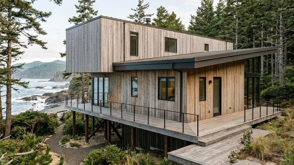 Pacific Glass mit weitläufiger Verglasung und geradliniger Holzstruktur – rückansicht