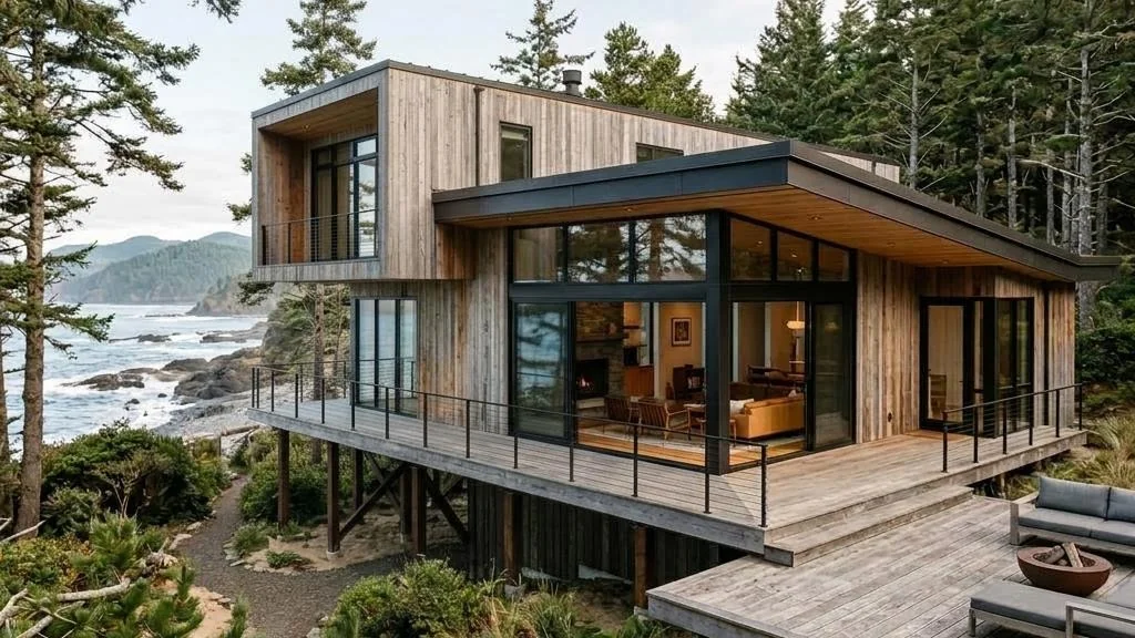 Pacific Glass mit weitläufiger Verglasung und geradliniger Holzstruktur – seitenansicht