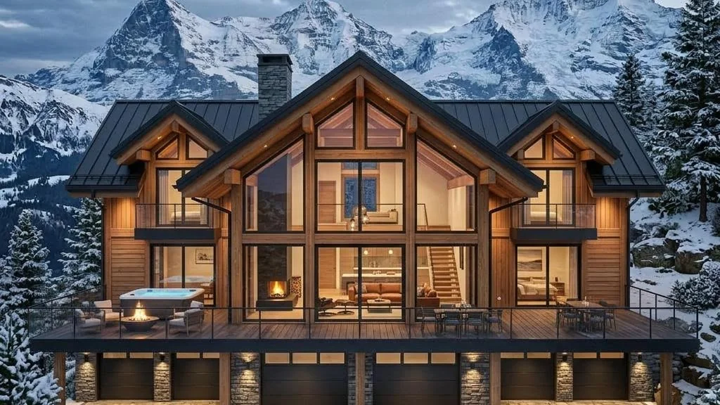 Rockies Chalet avec toit pentu, poutres apparentes et balcons – vue de face