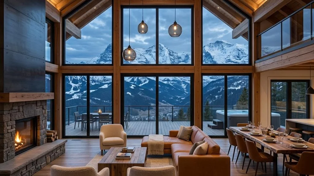 Rockies Chalet avec toit pentu, poutres apparentes et balcons – intérieur · séjour