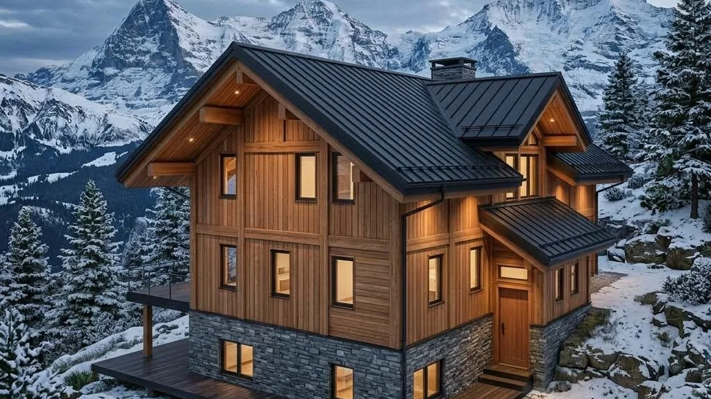 Rockies Chalet avec toit pentu, poutres apparentes et balcons – vue arrière
