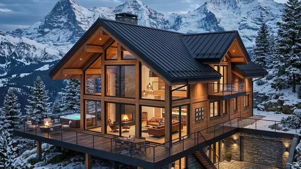 Rockies Chalet avec toit pentu, poutres apparentes et balcons – vue latérale