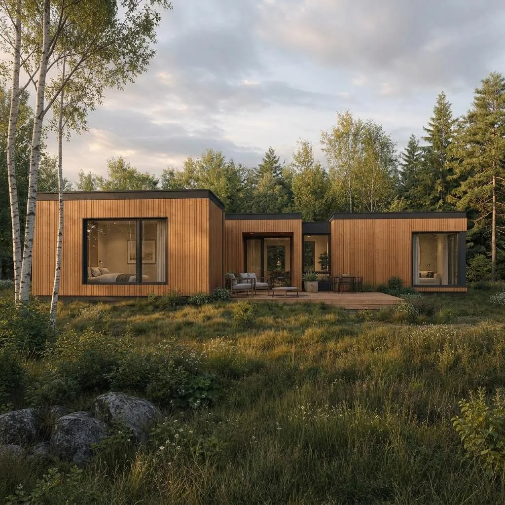 Timber Module with three offset flat-roof volumes around a terrace – front view