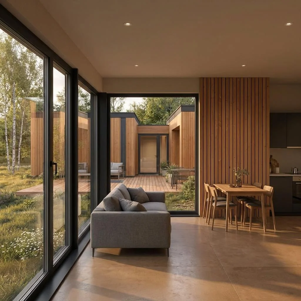 Timber Module with three offset flat-roof volumes around a terrace – interior · living