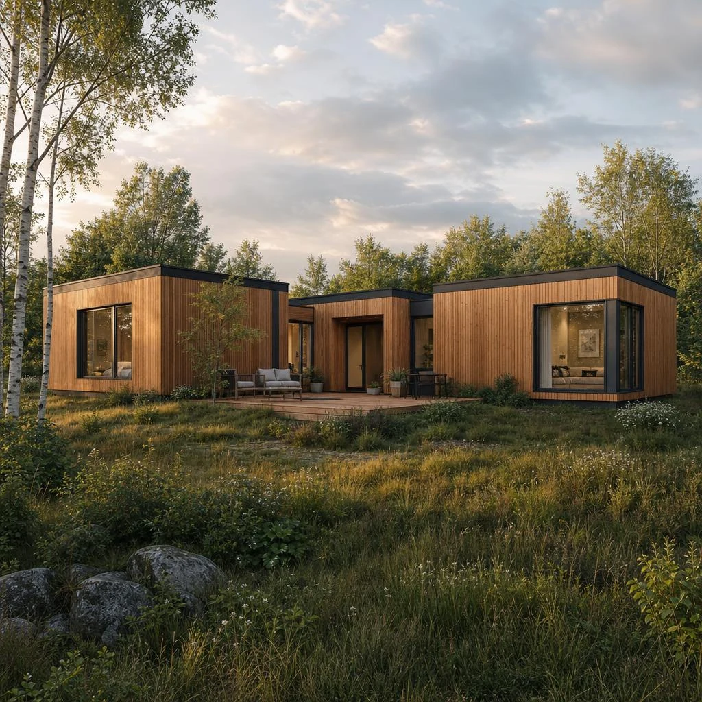 Timber Module aus drei versetzten Flachdach-Baukörpern um eine Terrasse