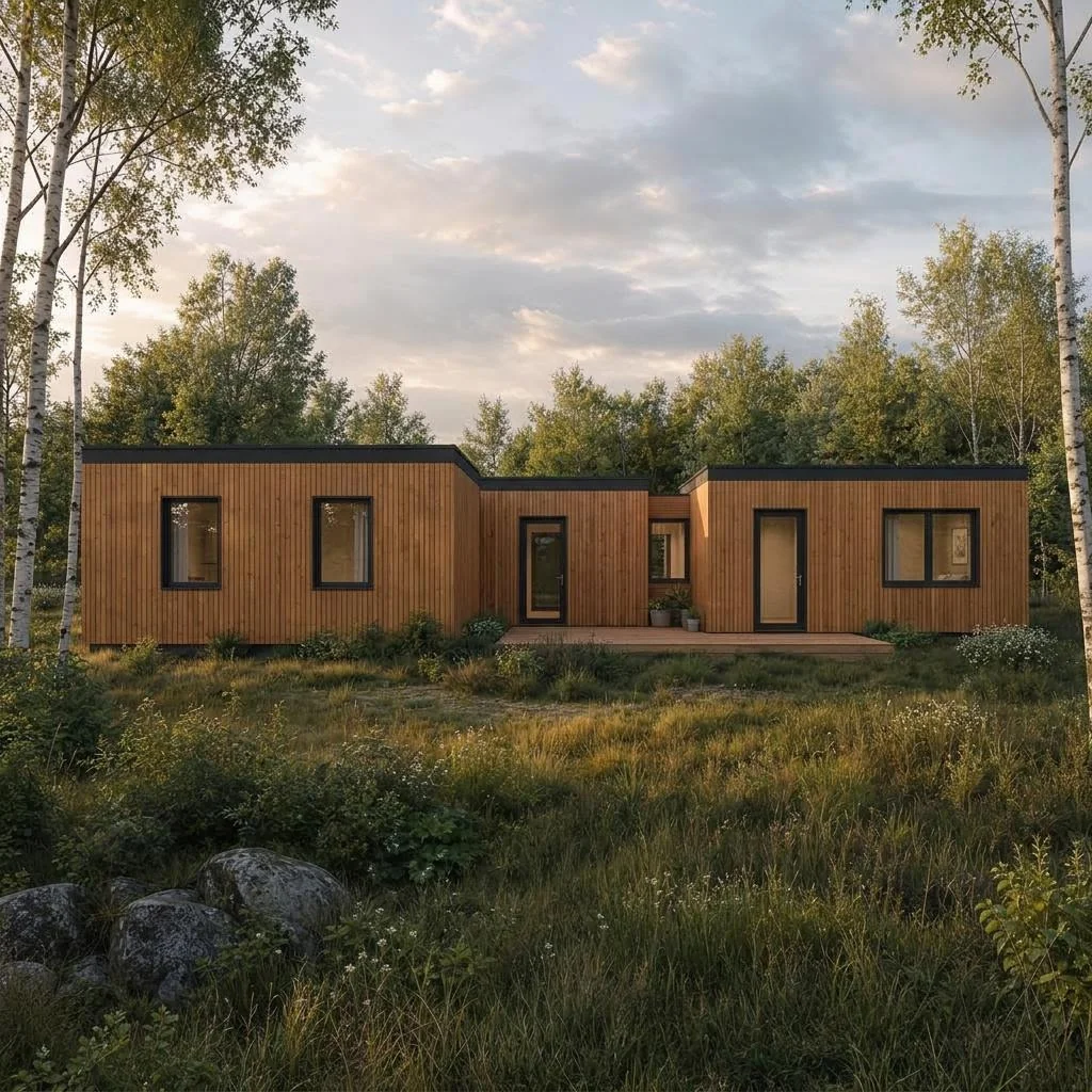 Timber Module with three offset flat-roof volumes around a terrace – rear view