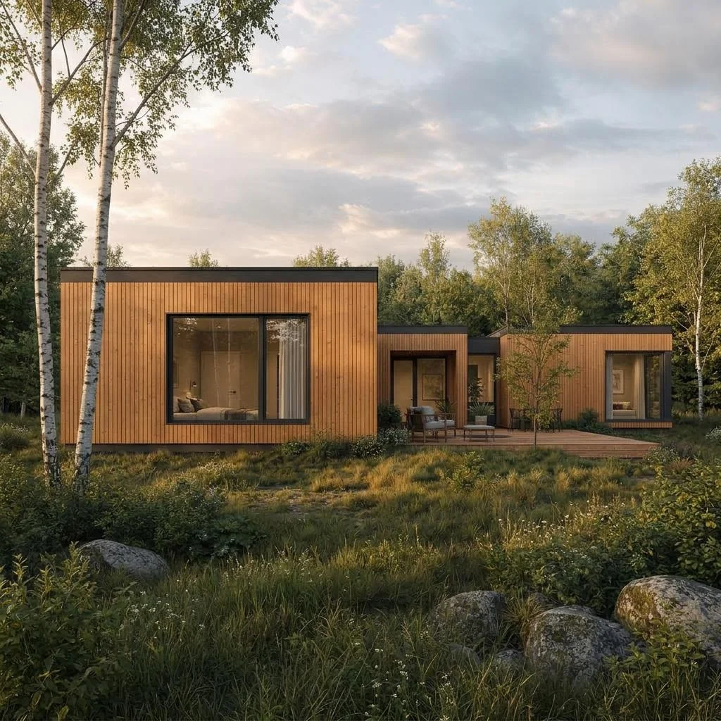 Timber Module with three offset flat-roof volumes around a terrace – side view