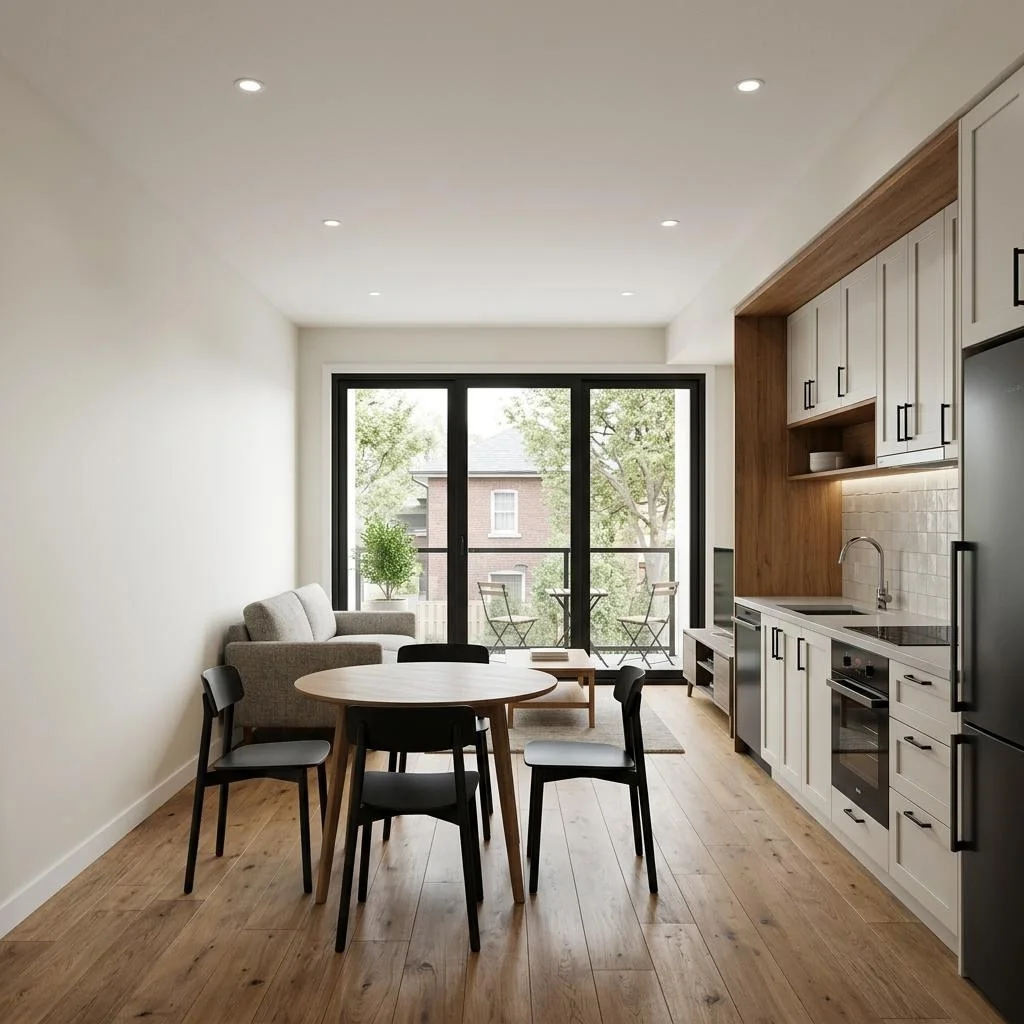 Toronto Living als mehrgeschossiger Baukörper mit Balkonen und zentraler Gliederung – innenansicht · wohnen