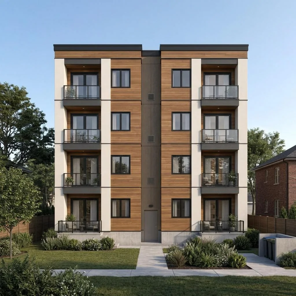 Toronto Living als mehrgeschossiger Baukörper mit Balkonen und zentraler Gliederung – rückansicht