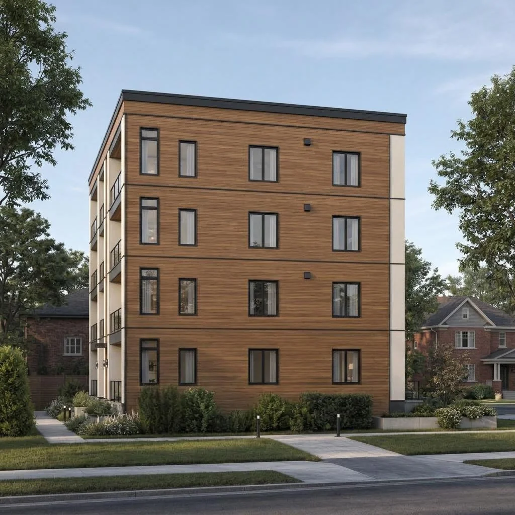 Toronto Living als mehrgeschossiger Baukörper mit Balkonen und zentraler Gliederung – seitenansicht