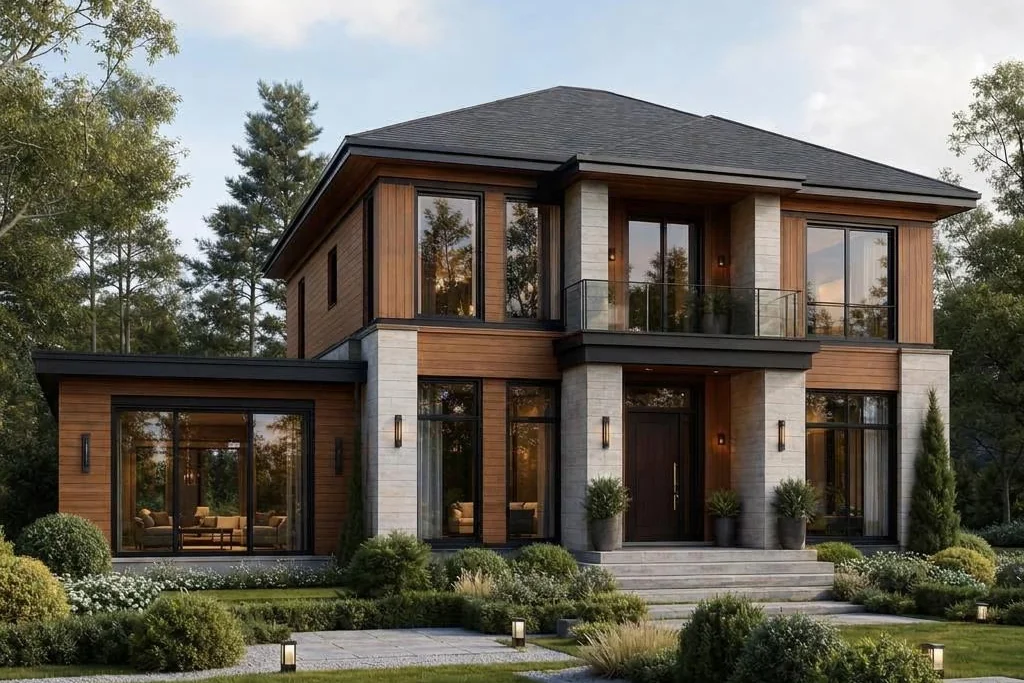 Villa Montreal mit zweigeschossigem Hauptbau und flachem Lounge-Flügel – frontansicht