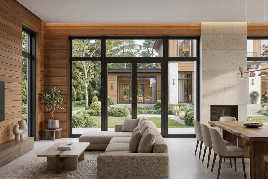 Villa Montreal mit zweigeschossigem Hauptbau und flachem Lounge-Flügel – innenansicht · wohnen