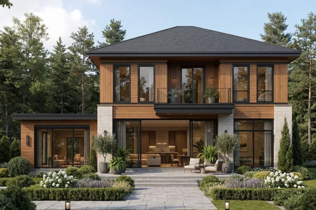 Villa Montreal mit zweigeschossigem Hauptbau und flachem Lounge-Flügel – rückansicht