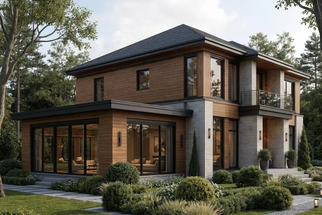 Villa Montreal mit zweigeschossigem Hauptbau und flachem Lounge-Flügel – seitenansicht